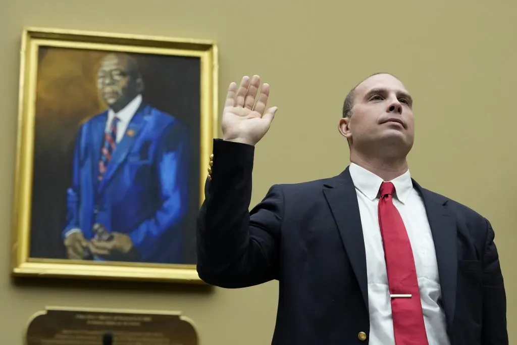 WASHINGTON, DC – JULY 26: David Grusch, former National Reconnaissance Officer Representative of Unidentified Anomalous Phenomena Task Force at the U.S. Department of Defense, is sworn-in during a House Oversight Committee hearing titled “Unidentified Anomalous Phenomena: Implications on National Security, Public Safety, and Government Transparency” on Capitol Hill, July 26, 2023 in Washington, DC. Several witnesses are testifying about their experience with possible UFO encounters and discussion about a potential covert government program concerning debris from crashed, non-human origin spacecraft. (Photo by Drew Angerer/Getty Images)