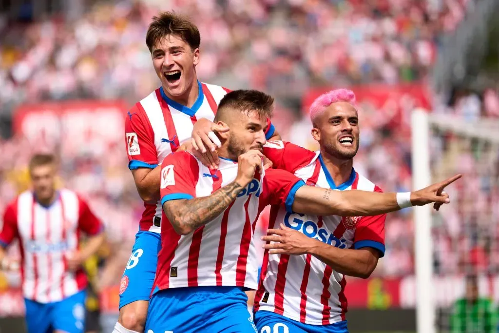 “Portu” celebrando junto a Pablo Torre y Yan Couto  contra Las Palmas en Montilivi.