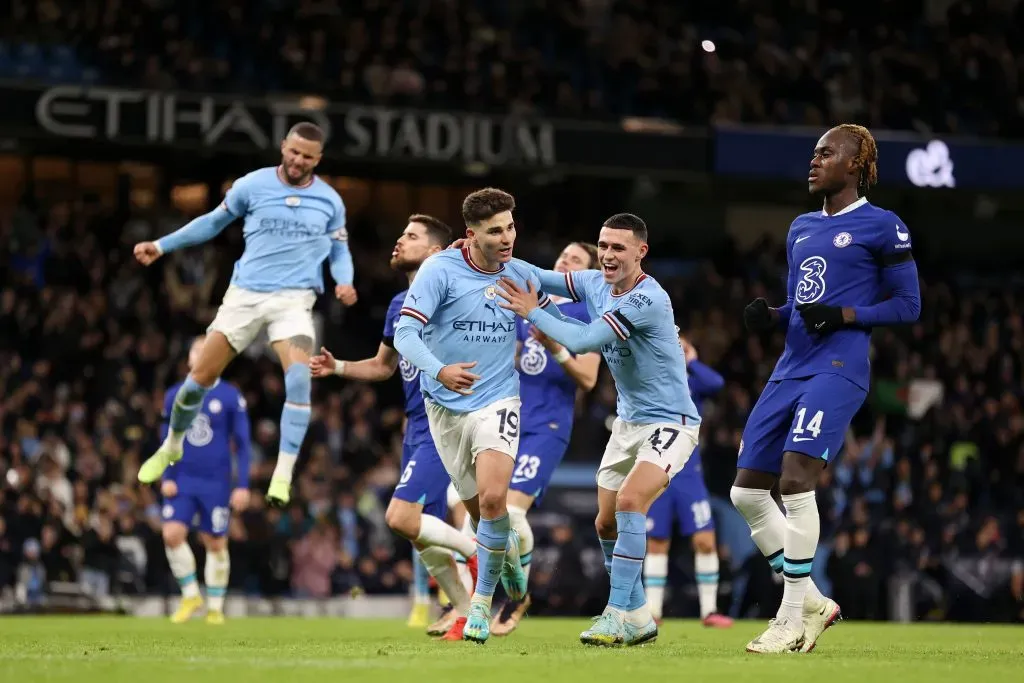 MANCHESTER, ENGLAND – JANUARY 08:  Julian Alvarez of Manchester City celebrates after scoring the team’s second goal  during the Emirates FA Cup Third Round match between Manchester City and Chelsea at Etihad Stadium on January 08, 2023 in Manchester, England. (Photo by Naomi Baker/Getty Images)