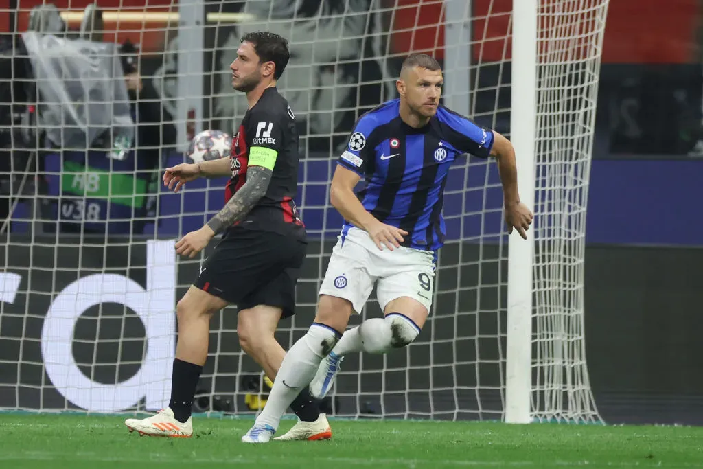 MILAN, ITALY – MAY 10: Edin Dzeko of FC Internazionale celebrates the team’s first goal during the UEFA Champions League semi-final first leg match between AC Milan and FC Internazionale at San Siro on May 10, 2023 in Milan, Italy. (Photo by Alex Grimm/Getty Images)