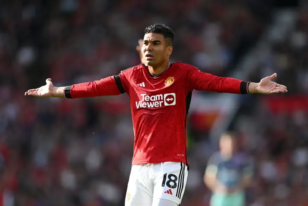MANCHESTER, ENGLAND – OCTOBER 07: Casemiro of Manchester United reacts during the Premier League match between Manchester United and Brentford FC at Old Trafford on October 07, 2023 in Manchester, England. (Photo by Michael Regan/Getty Images)