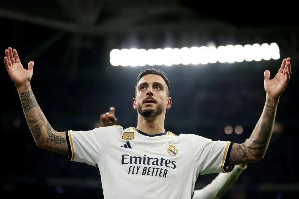 Joselu celebrando gol pelo Real Madrid. (Photo by Florencia Tan Jun/Getty Images)