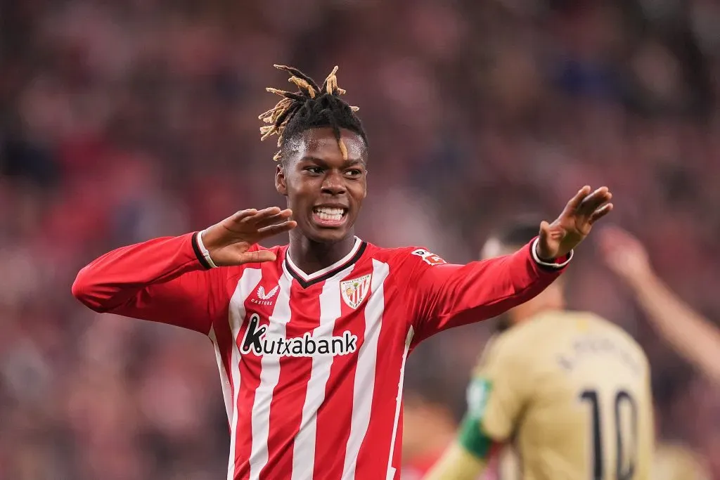 Nico Williams celebrando gol pelo Athletic Bilbao. (Photo by Juan Manuel Serrano Arce/Getty Images)