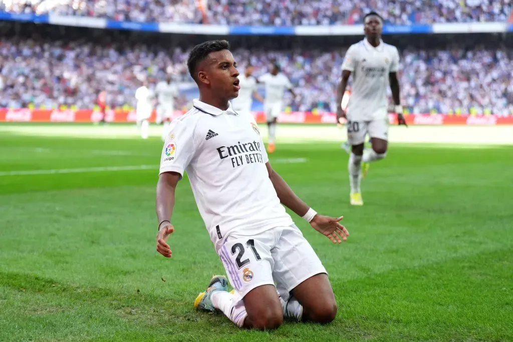 Rodrygo celebrando gol pelo Real Madrid. (Photo by Angel Martinez/Getty Images)