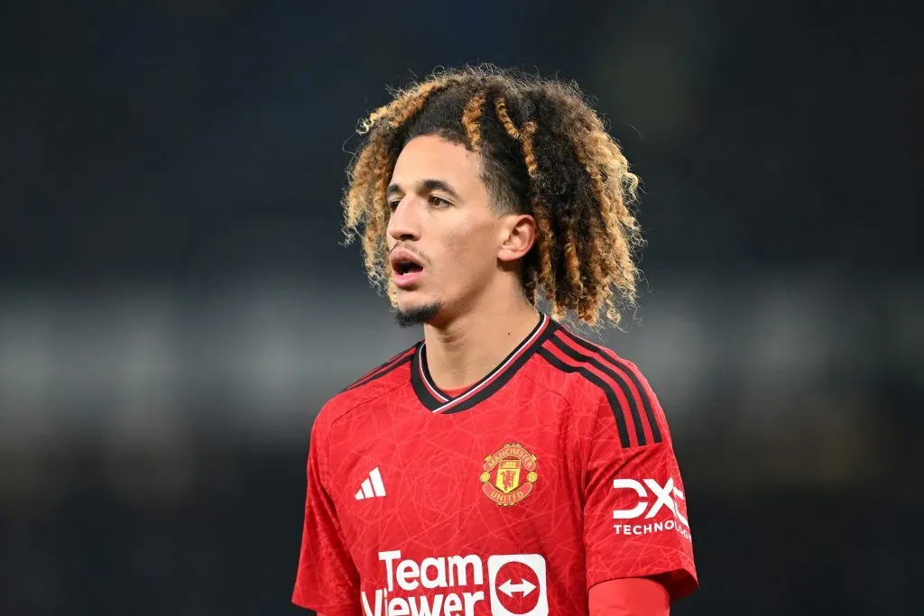 LIVERPOOL, ENGLAND – NOVEMBER 26: Hannibal Mejbri of Manchester United looks on during the Premier League match between Everton FC and Manchester United at Goodison Park on November 26, 2023 in Liverpool, England. (Photo by Michael Regan/Getty Images)