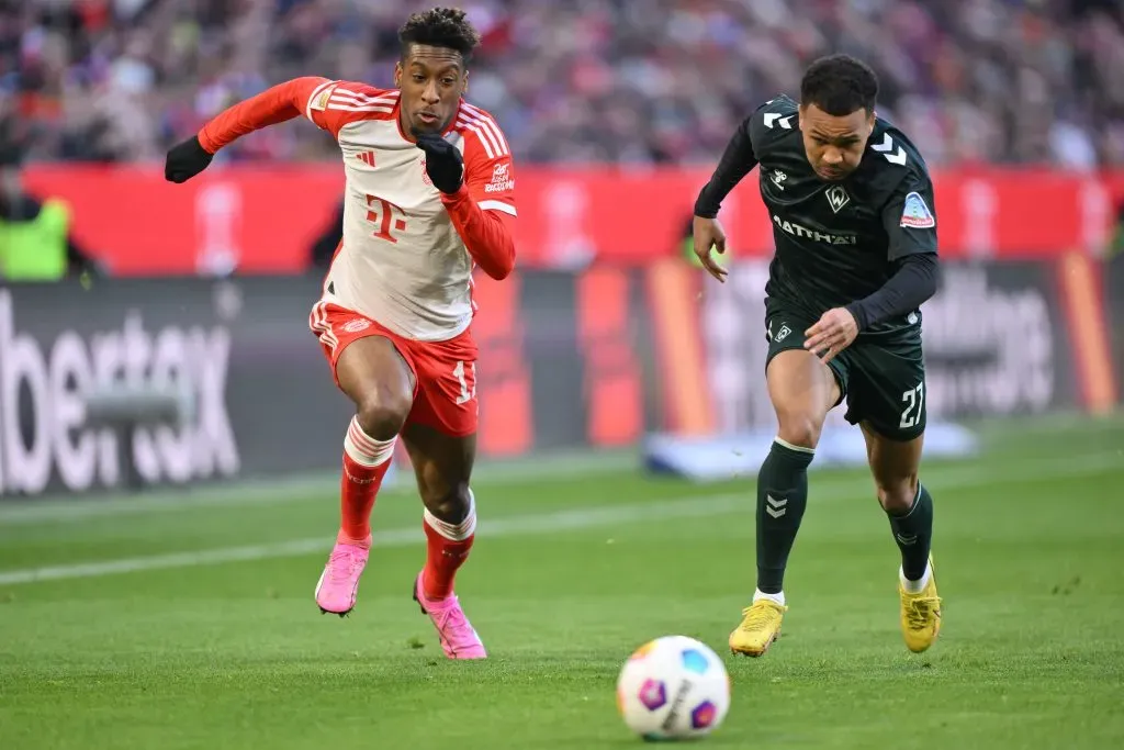 Kingsley Coman pelo Bayern de Munique. (Photo by Sebastian Widmann/Getty Images)