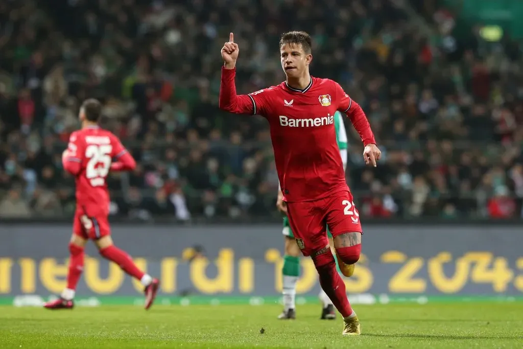 BREMEN, GERMANY – MARCH 12: Adam Hlozek of Bayer 04 Leverkusen celebrates after scoring the team’s third goal during the Bundesliga match between SV Werder Bremen and Bayer 04 Leverkusen at Wohninvest Weserstadion on March 12, 2023 in Bremen, Germany. (Photo by Cathrin Mueller/Getty Images)