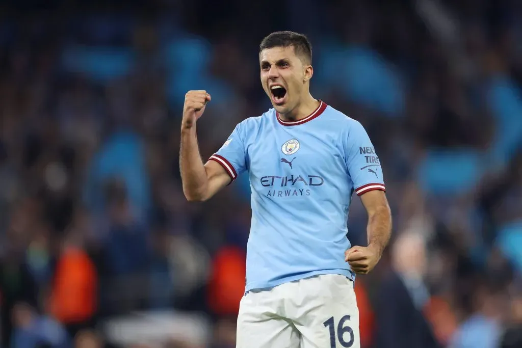 MANCHESTER, ENGLAND – MAY 17: Rodri of Manchester City celebrates after the team’s victory during the UEFA Champions League semi-final second leg match between Manchester City FC and Real Madrid at Etihad Stadium on May 17, 2023 in Manchester, England. (Photo by Clive Brunskill/Getty Images)