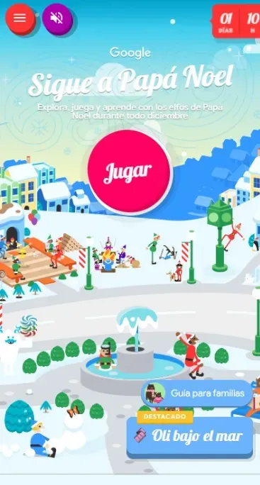 Captura de pantalla del Santa Tracker de Google, que permite revisar dónde viene el Viejo Pascuero.