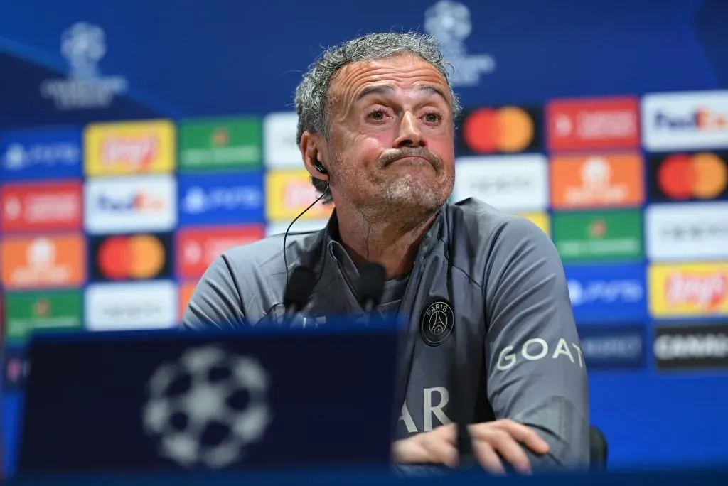 PARIS, FRANCE – APRIL 09: Luis Enrique, head coach of PSG talks with the media during a press conference at PSG Campus on April 09, 2024 in Paris, France. (Photo by Stuart Franklin/Getty Images)