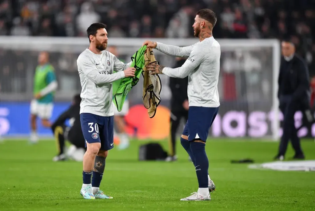 TURIN, ITALY – NOVEMBER 02: Lionel Messi and Sergio Ramos of Paris Saint-Germain warm up prior to the UEFA Champions League Group H match between Juventus and Paris Saint-Germain at Juventus Stadium on November 02, 2022 in Turin, Italy. (Photo by Valerio Pennicino/Getty Images)