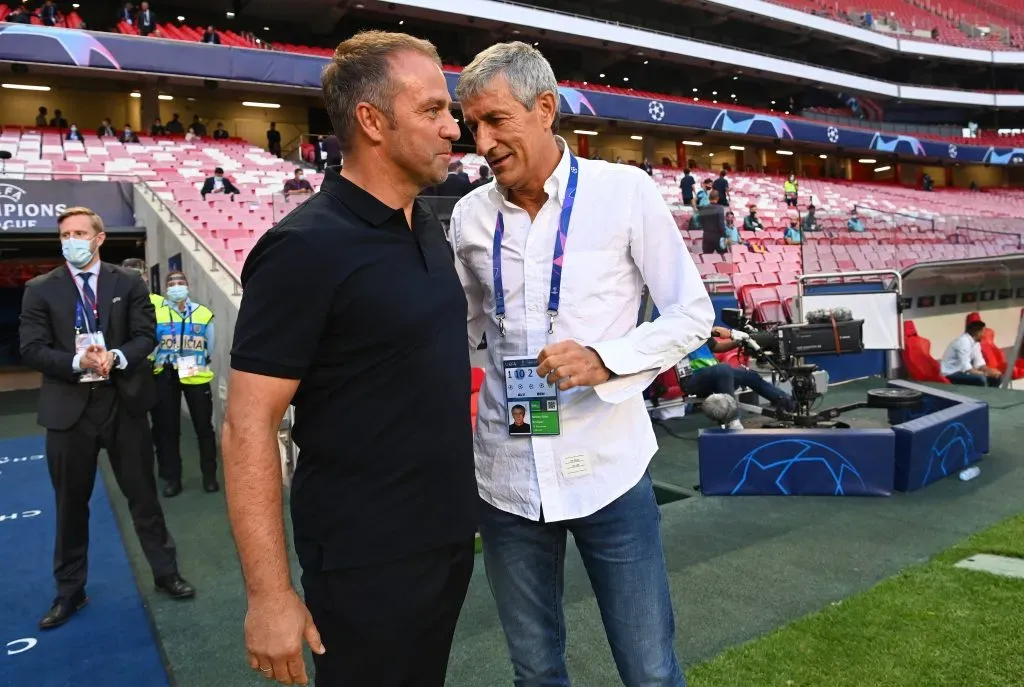 Hansi Flick con Quique Setién en el 8 a 2 por la Champions League 2019/2020.