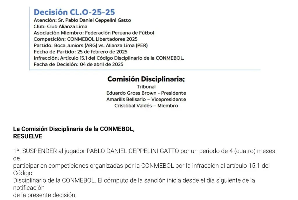 Boletín de Conmebol sancionando a Alianza Lima.