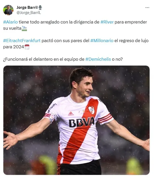 El tuit con el que Jorge Barril anunció el regreso de Lucas Alario a River.