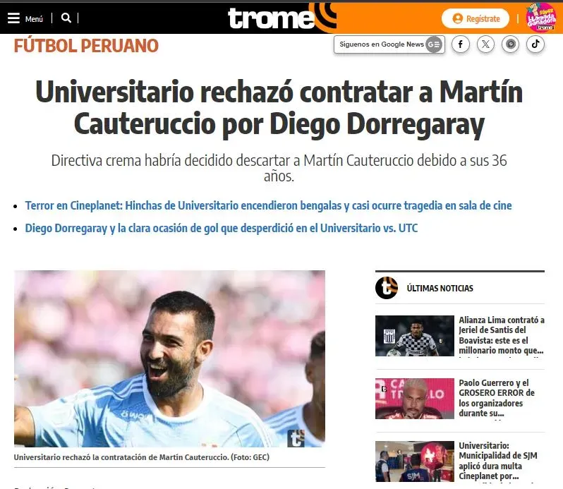 Información del Diario Trome sobre Martín Cauteruccio.