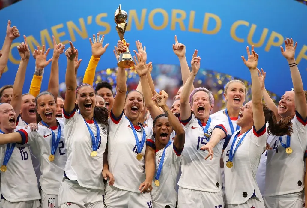 LYON, FRANCE – JULY 07: Carli Lloyd of the USA lifts the trophy as USA celebrate victory during the 2019 FIFA Women’s World Cup France Final match between The United State of America and The Netherlands at Stade de Lyon on July 07, 2019 in Lyon, France. (Photo by Richard Heathcote/Getty Images)