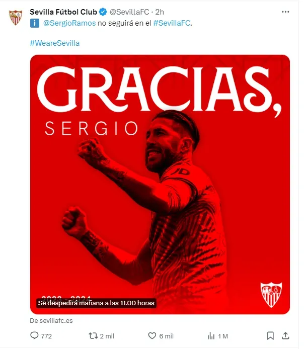 Así confirmó este lunes el Sevilla la salida de Sergio Ramos. (Twitter)