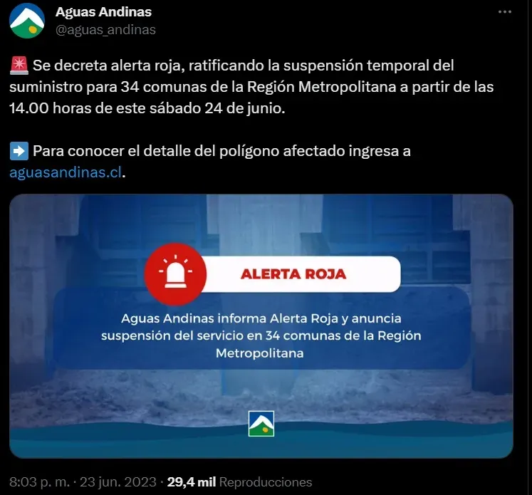 La información de Aguas Andinas en sus redes sociales sobre el corte de agua en Santiago.