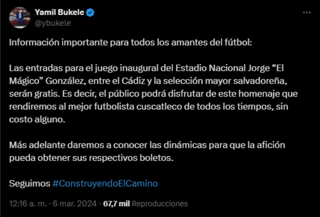 El mensaje de Yamil Bukele sobre la inauguración del Estadio Mágico González. (Foto: X)