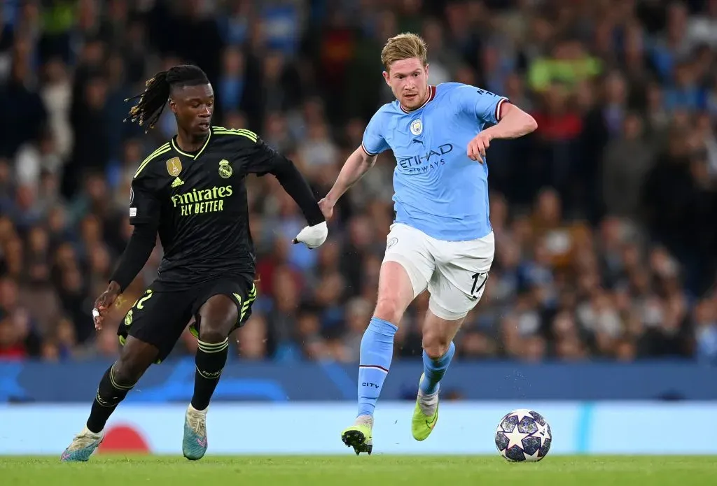 Eduardo Camavinga of Real e Kevin De Bruyne of Manchester City . (Photo by Michael Regan/Getty Images)