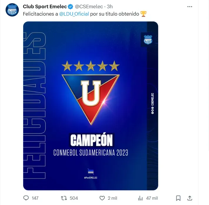 Así fue como Emelec felicitó a Liga de Quito por esta segunda Copa Sudamericana. (Captura de pantalla: @Emelec)