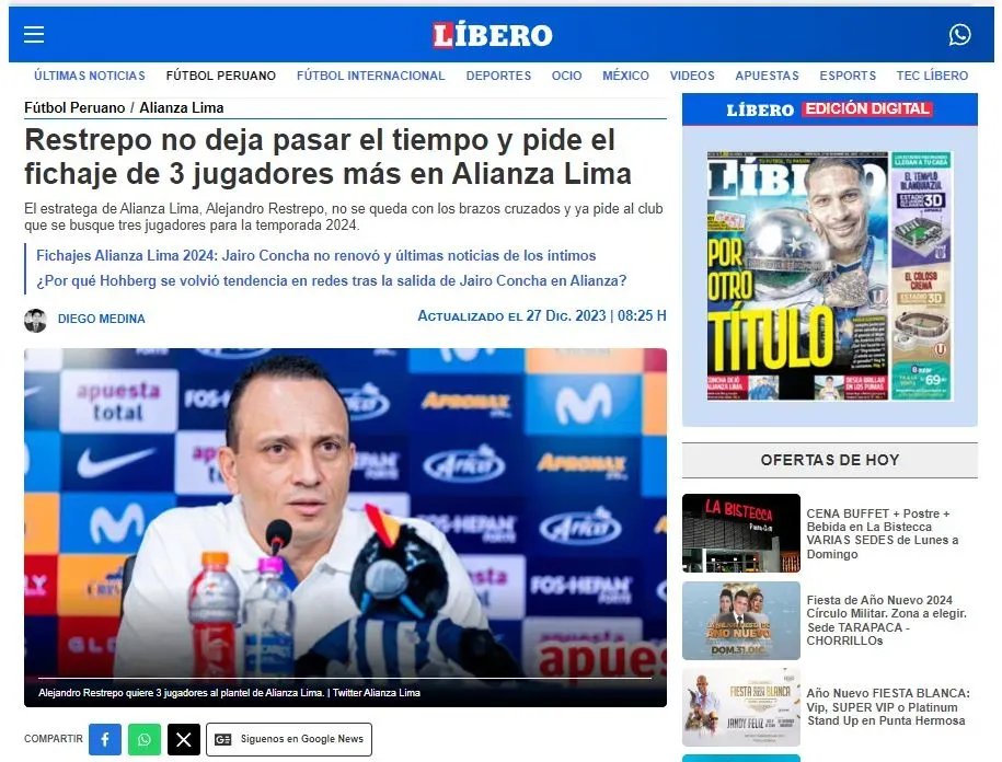 Información sobre el Alianza Lima de Alejandro Restrepo. (Foto: Diario Líbero).
