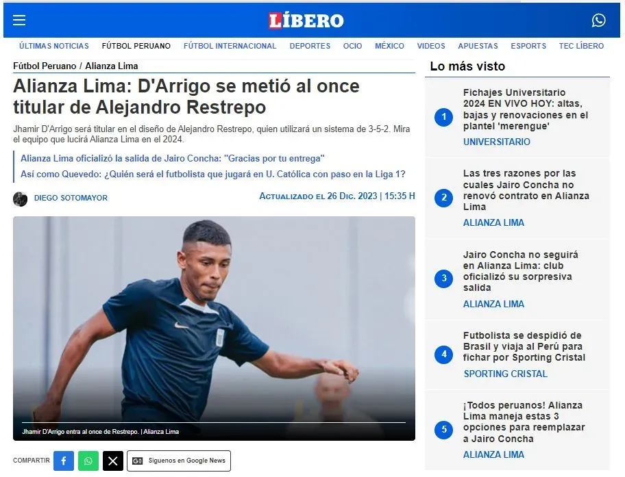 La información sobre el once de Alianza Lima. (Foto: Diario Líbero).