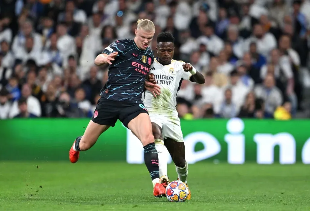 Erling Haaland of Manchester City and Vinicius Junior of Real Madrid  (Photo by David Ramos/Getty Images)