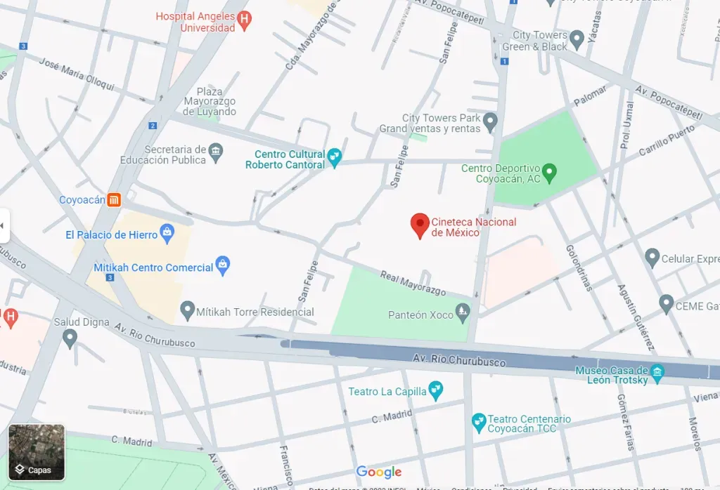 La Cineteca Nacional se encuentra ubicada en Av. México Coyoacán 389, Xoco, Benito Juárez, en la Ciudad de México. Imagen: Google Maps.