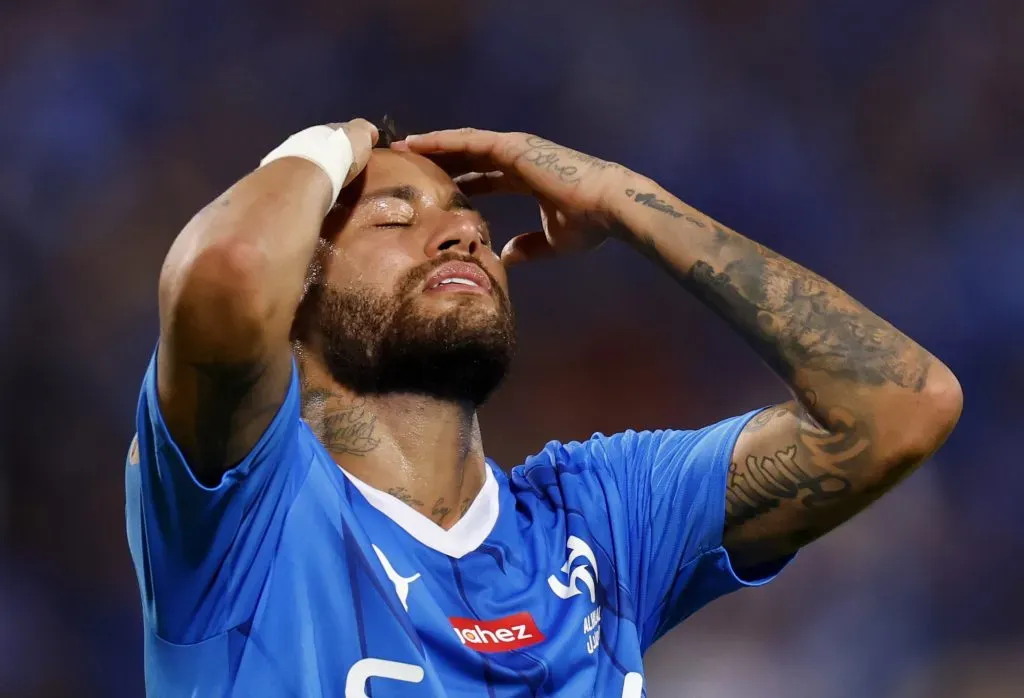 Neymar reacts during the Saudi Pro League  (Photo by Francois Nel/Getty Images)