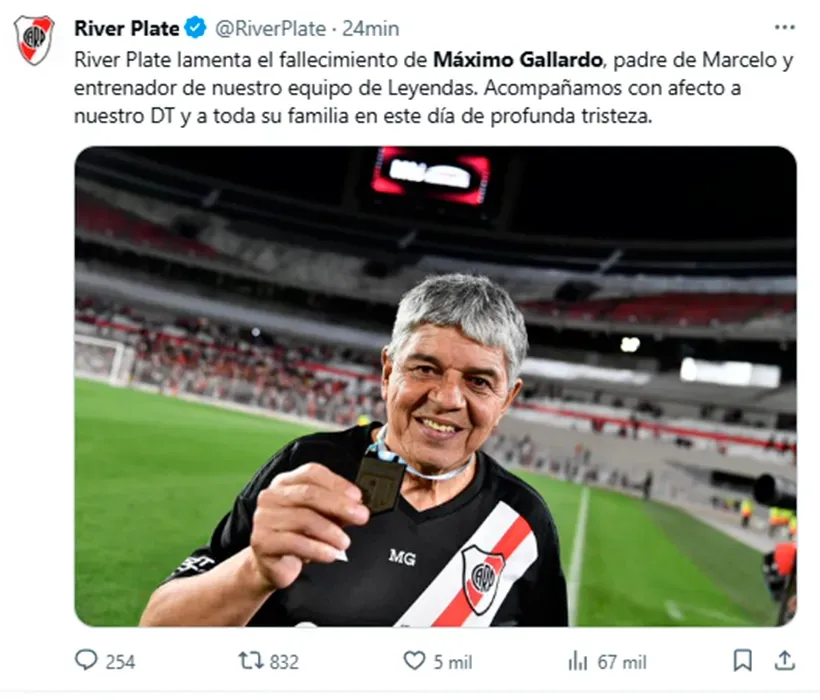 River comunicó la muerte de Máximo Gallardo.