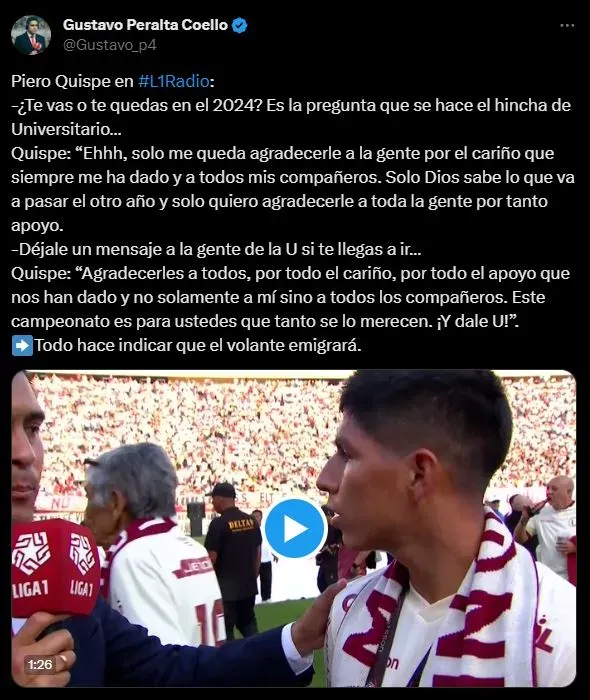 Piero Quispe se mostró agradecido con los hinchas de la “U”. (Foto: Twitter).