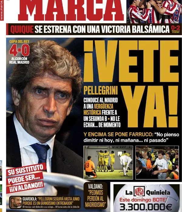 La portada de Marca contra Pellegrini tras el 4-0 del Real Madrid en contra ante Alcorcón.