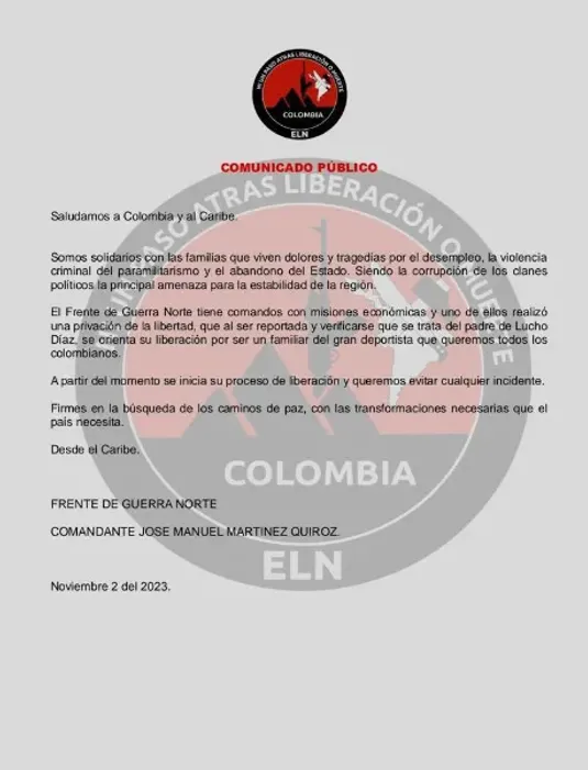 Comunicado del ELN sobre la liberación de Luis Manuel Díaz.