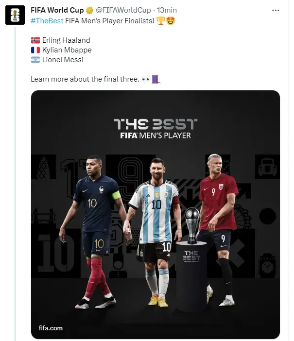 La publicación de FIFA con la que anunció la terna final de los Premios The Best.