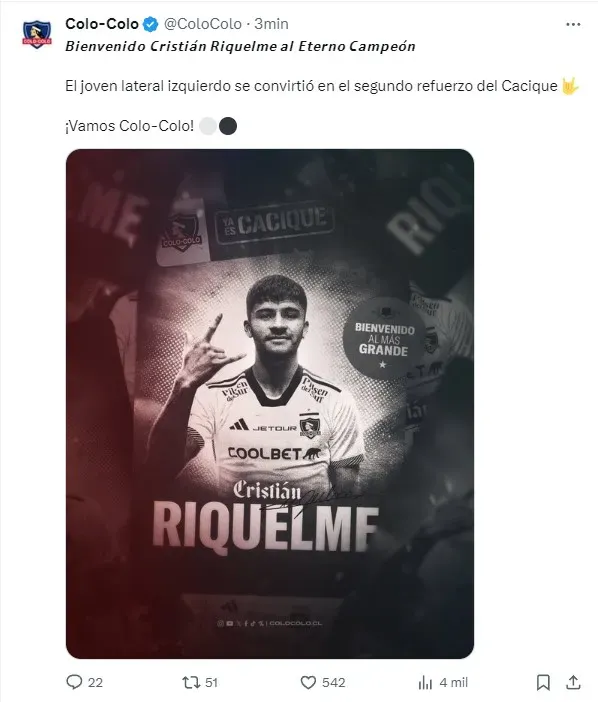 Colo Colo confirma a Cristián Riquelme como segundo refuerzo.