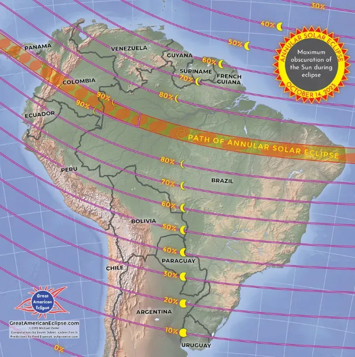 La visibilidad del eclipse en cada zona de Sudamérica