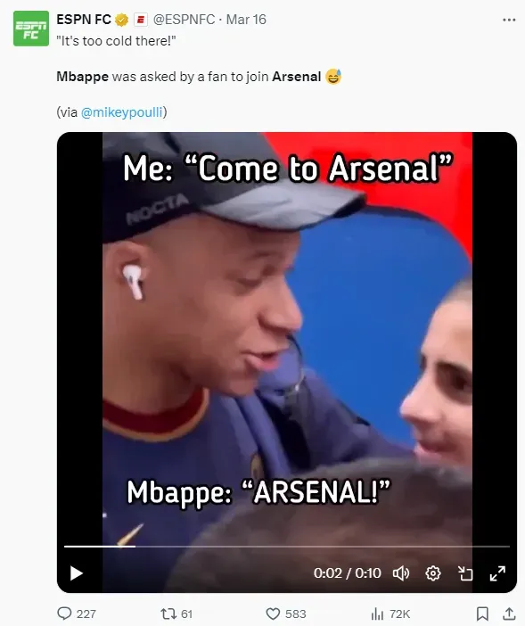 Mbappe was asked directly by a fan about moving to Arsenal