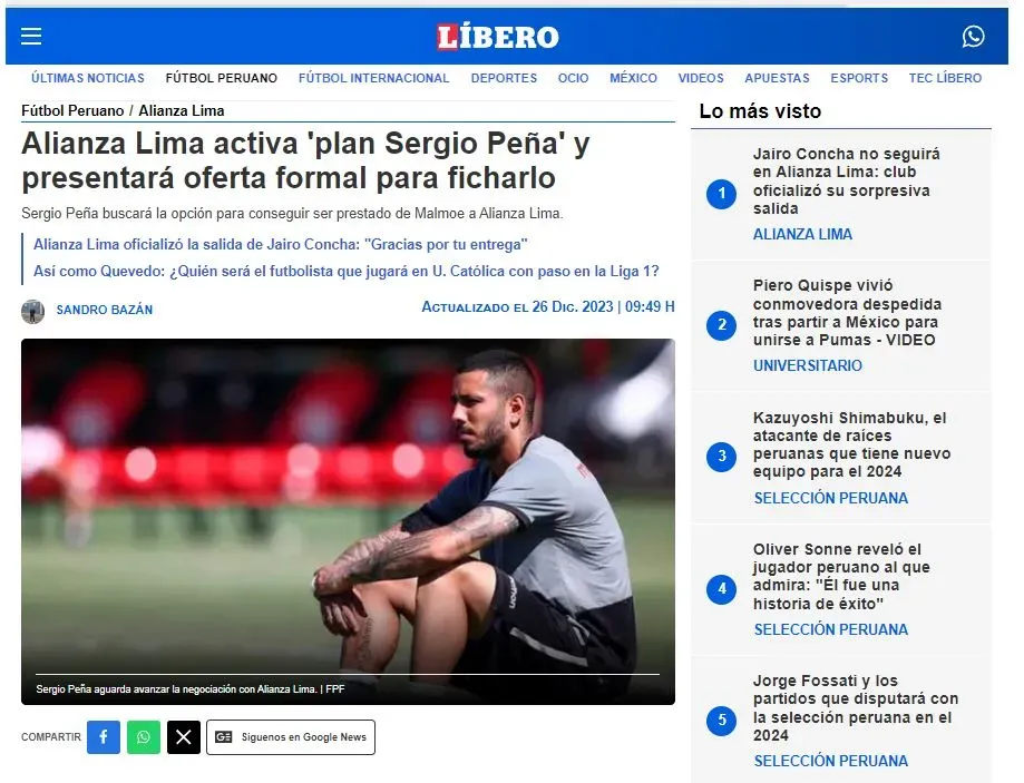 Artículo del plan para contratar en Alianza Lima a Sergio Peña. (Diario Líbero).