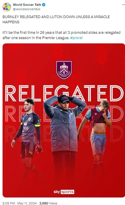 Burnley’s relegation has been confirmed