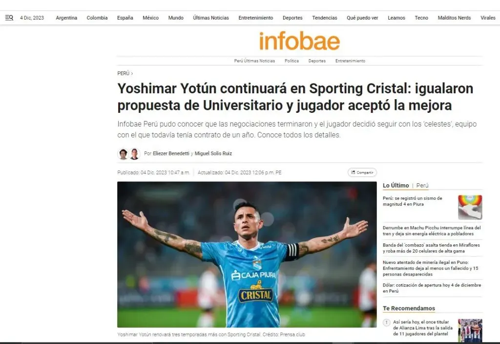 Sporting Cristal alargó por tres temporadas más su contrato. (Foto: Infobae).