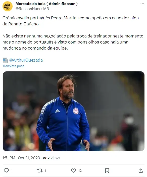 Grêmio avalia português Pedro Martins como opção em caso de saída de Renato  Gaúcho