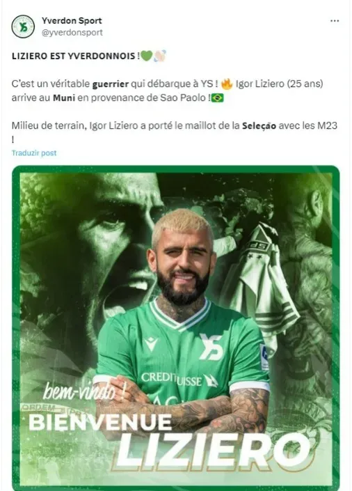 Liziero é anunciado como novo reforço do Yverdon Sport FC, da Suíça