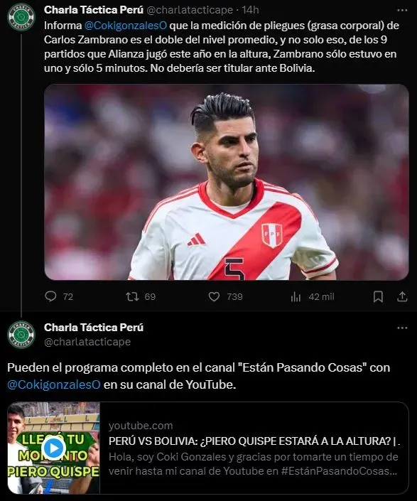 Carlos Zambrano no está en condiciones para jugar. (Foto: Twitter).