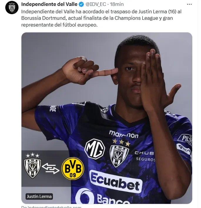 Así confirmó Independiente del Valle la venta de Justin Lerma. (Foto: @IDV_EC)