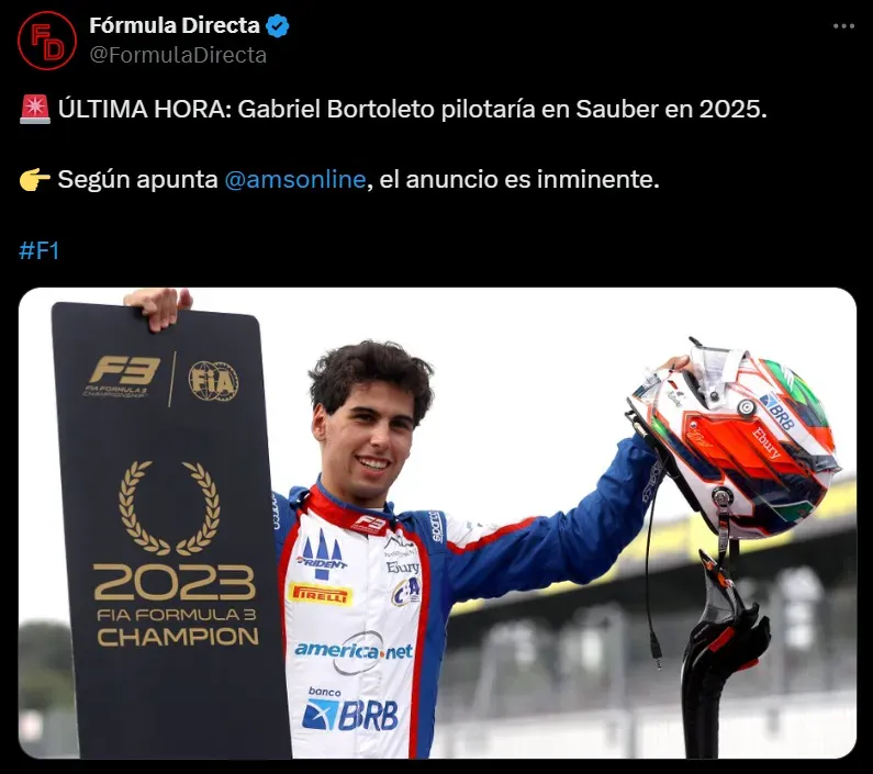 Gabriel Bortoleto correría en Sauber a partir de 2025