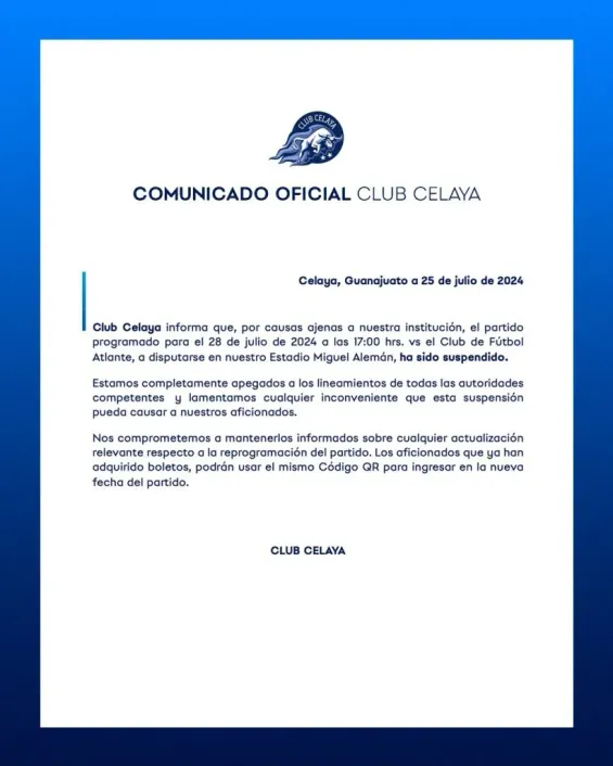 El comunicado de Celaya por la suspensión del partido. [Foto @TorosCelayaCD]