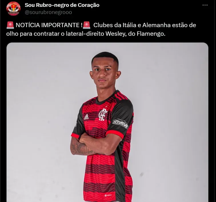 Lateral do Flamengo, Wesley pode deixar o clube para jogar na Europa