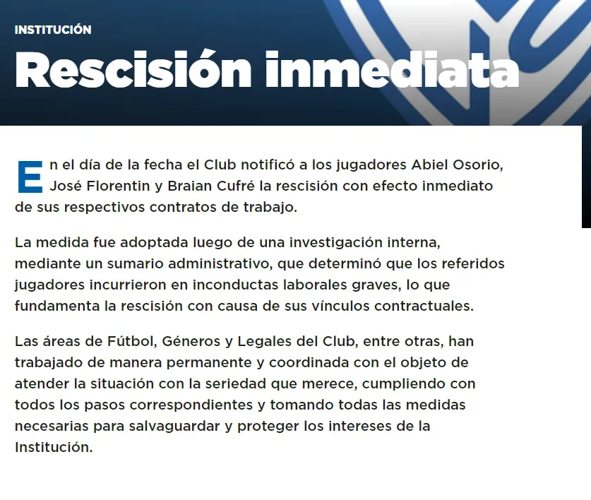 El comunicado de Vélez. (Foto: Prensa Vélez).