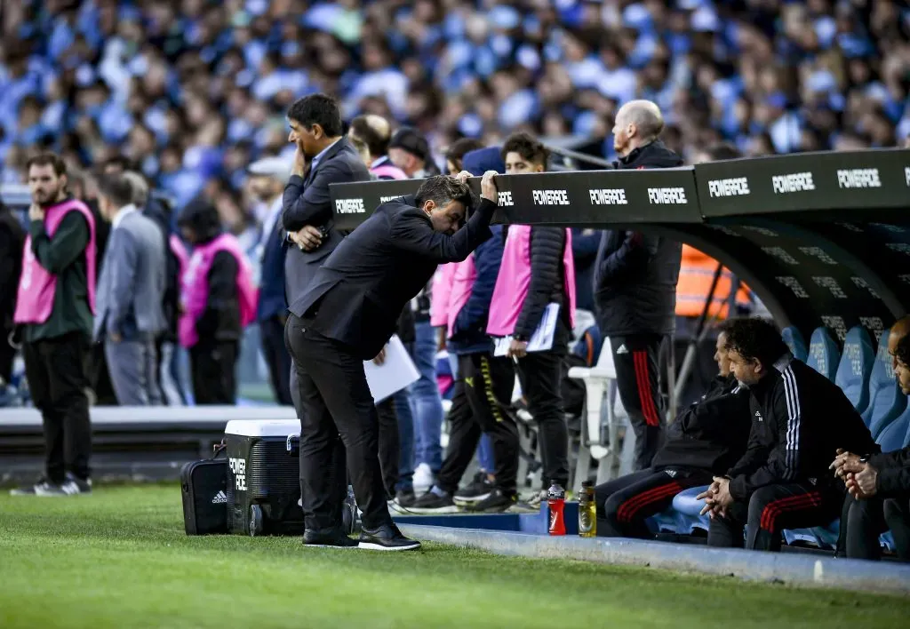Marcelo Gallardo en su último partido oficial dirigido. Fue vs. Racing en el Estadio Presidente Perón el 23 de octubre del 2022. Getty Images.